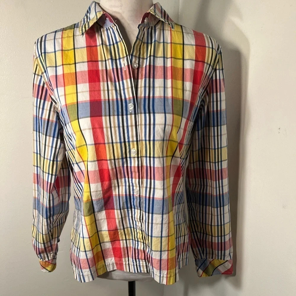 Béchamel, M, plaid striped, long-sleeve roll tab, button down cotton shirt.